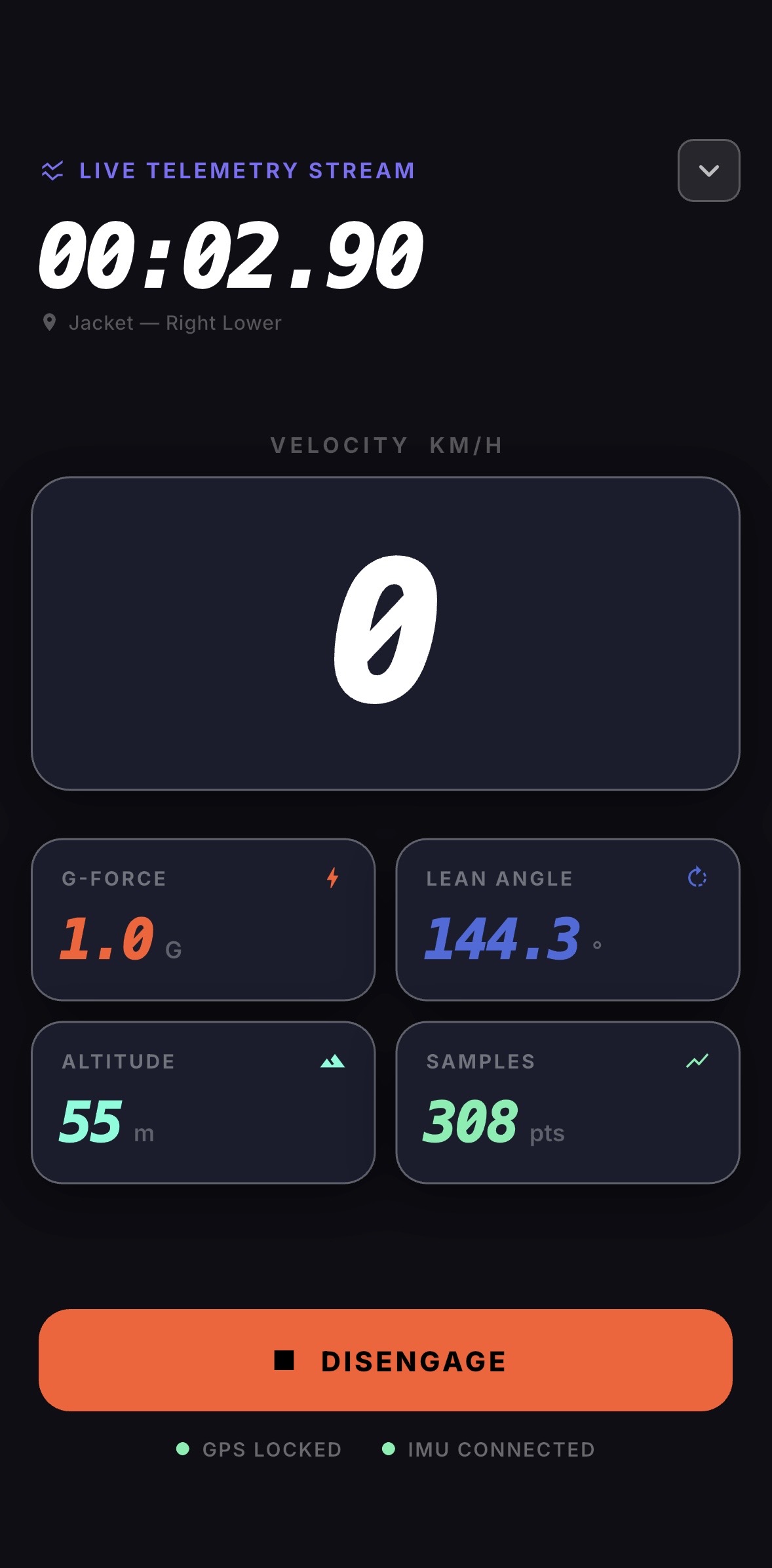 Live Telemetry Stream — real-time G-force, lean angle and velocity